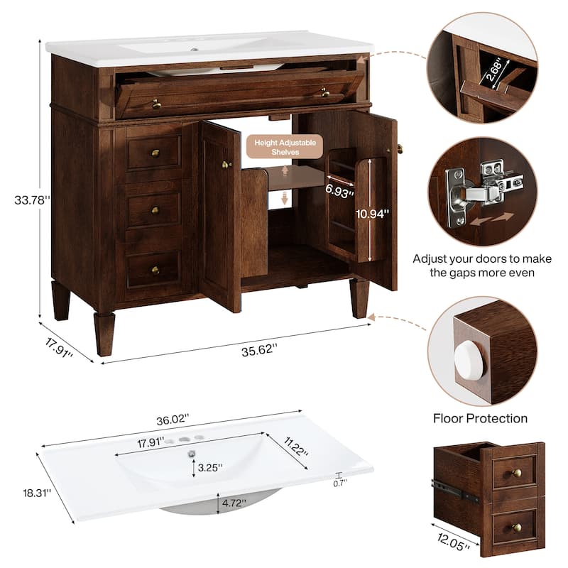 36'' Freestanding Bathroom Vanity with Integrated Ceramic Sink, Tip-Out Drawer, Door Organizer