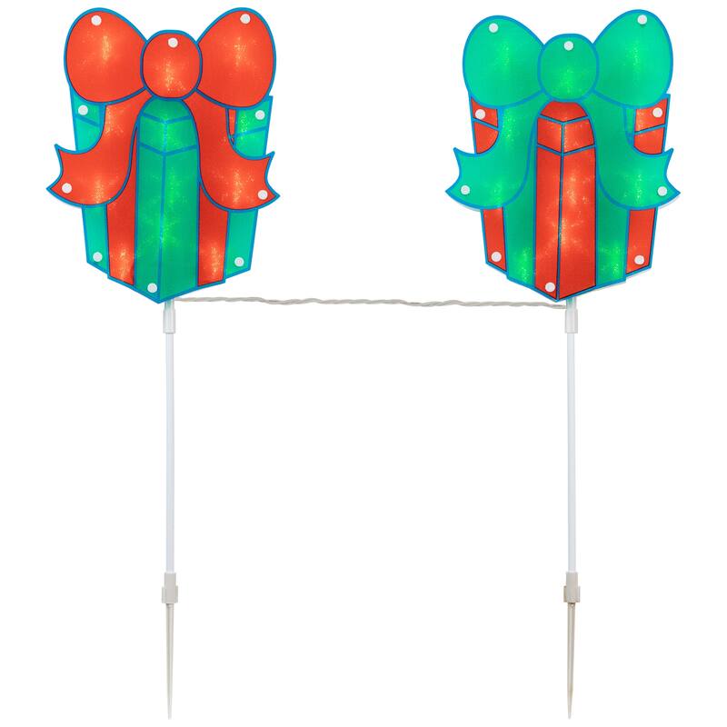 Lighted Holographic Gift Box Outdoor Christmas Pathway Markers - 24.5" - Set of 3 - Red