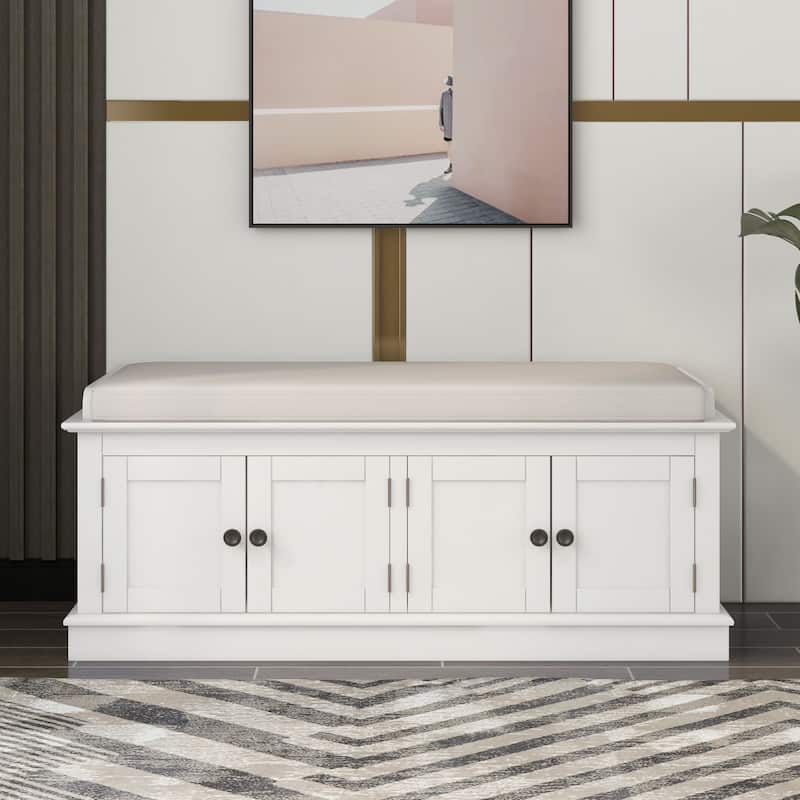 Storage Bench with 4 Doors and Adjustable Shelves, Shoe Bench with Removable Cushion for Living Room, Entryway