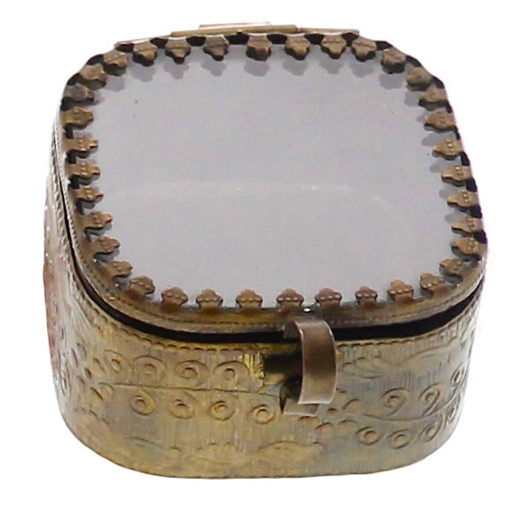 Square Metal Box with Glass Lid and Floral Accents, Brass