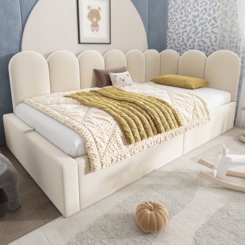 Roomfitters Upholstered Twin Size Ottoman Daybed with Storage, Sofa Bed with Metal Slat Frame, Velvet - Beige