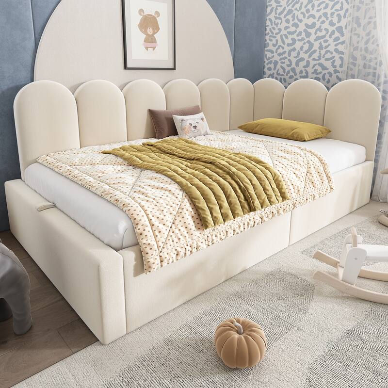 Velvet Upholstered Daybed with Hydraulic Storage, Twin Size Sofa Bed, Metal Slatted Frame, Beige