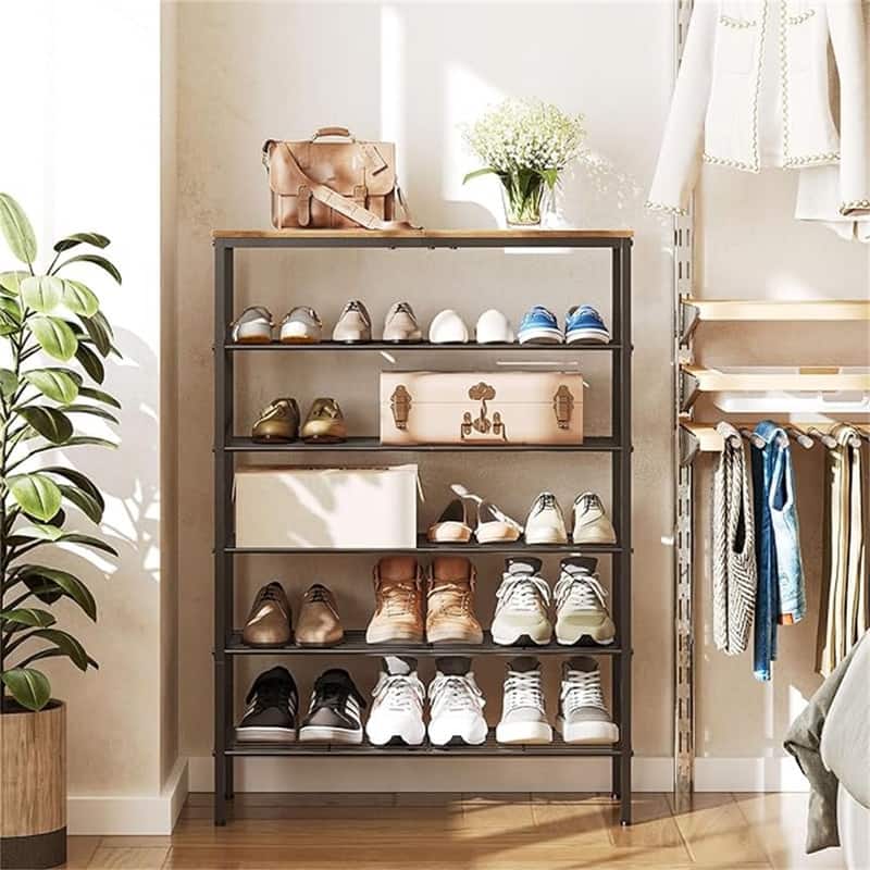 6 Tier Shoe Rack - 10.8"D x 27.8"W x 39.2"H - 10.8"D x 27.8"W x 39.2"H - Rustic Brown + Black