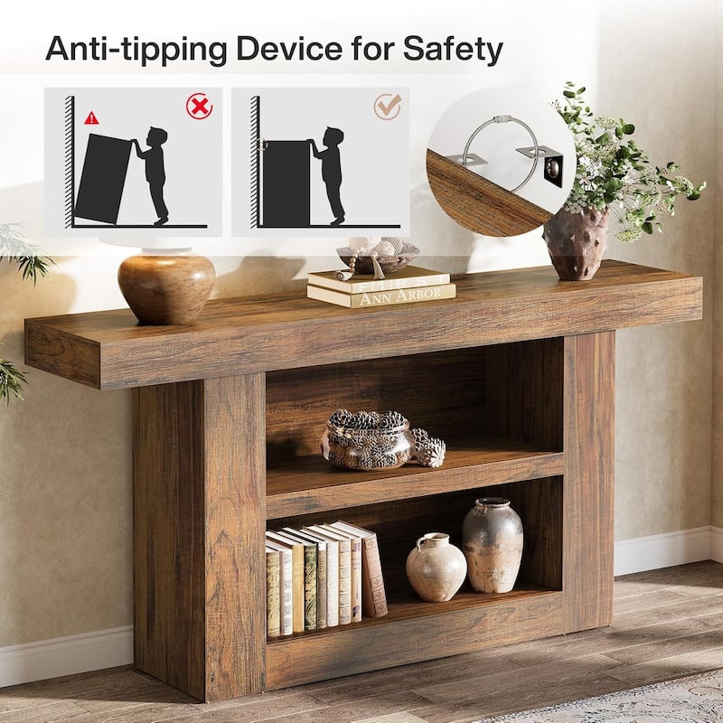 63-Inch Console Table with Storage, 3-Tier Farmhouse Entryway Table, Wooden Sofa Table Behind Couch - 11.8" W x 63" L x 31.5" H