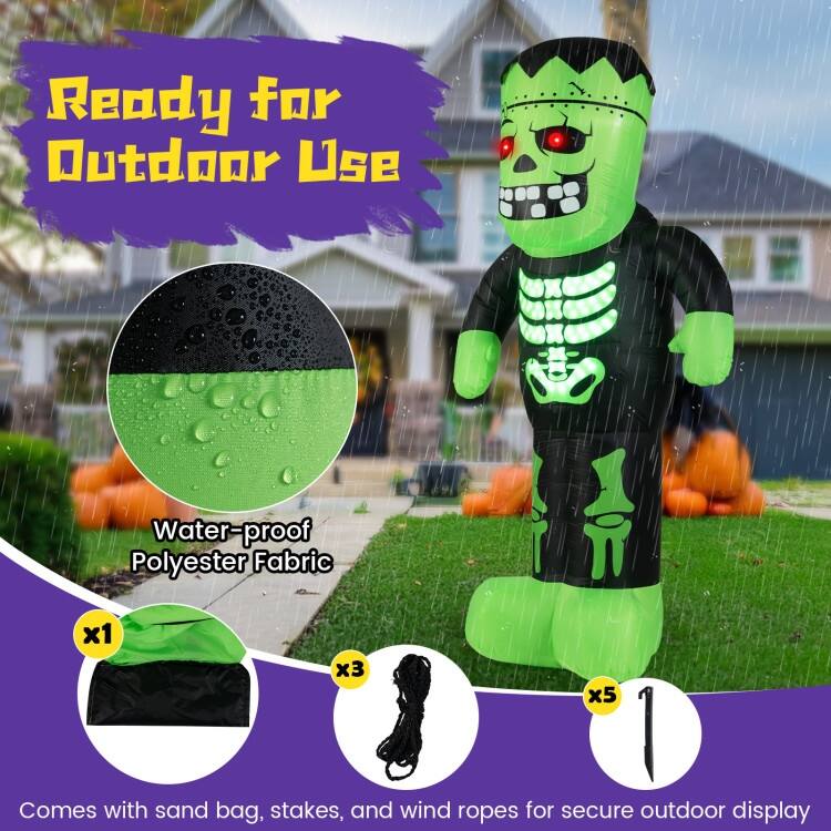 Green-Black Polyester LED Inflatable Frankenstein Halloween Decoration 8.4ft Tall