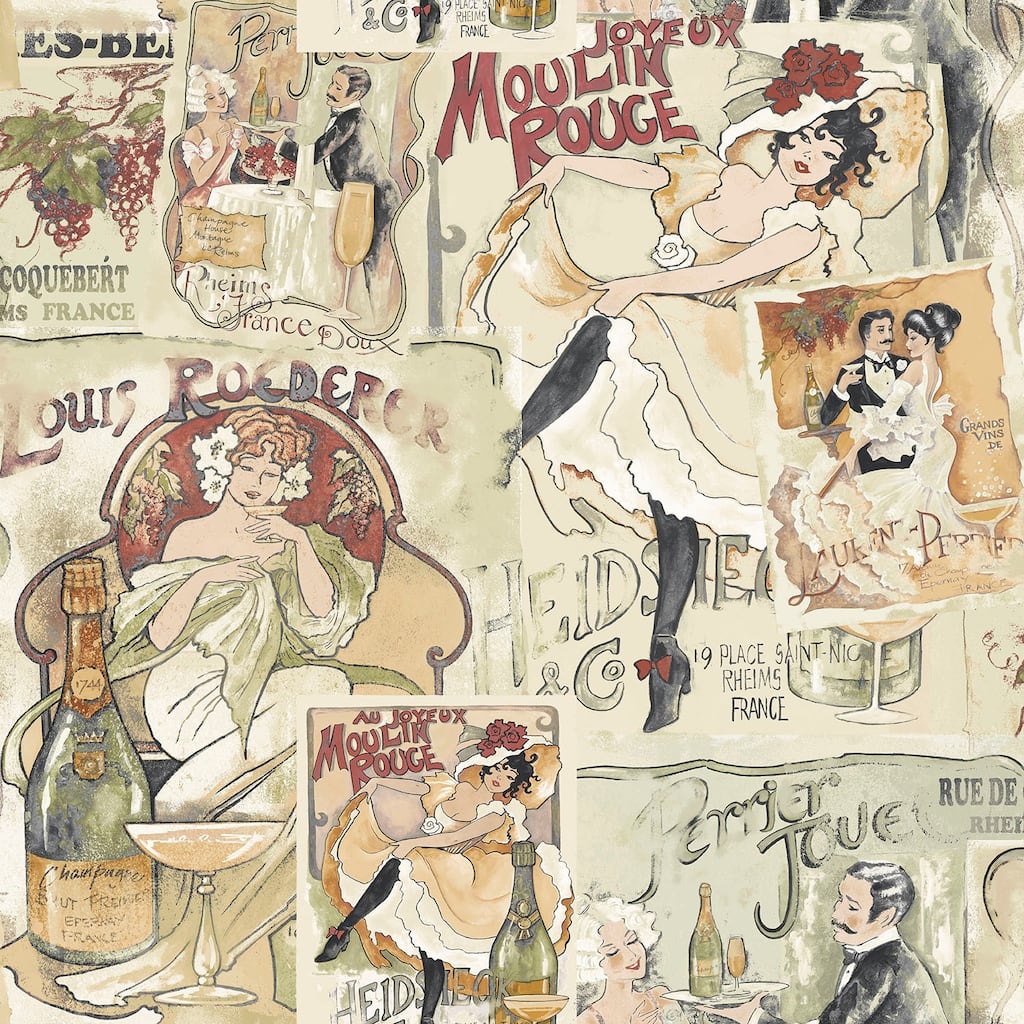 Galerie Wallcoverings Nostalgie Collection Champagne Posters Non-woven Matte Wallpaper Roll