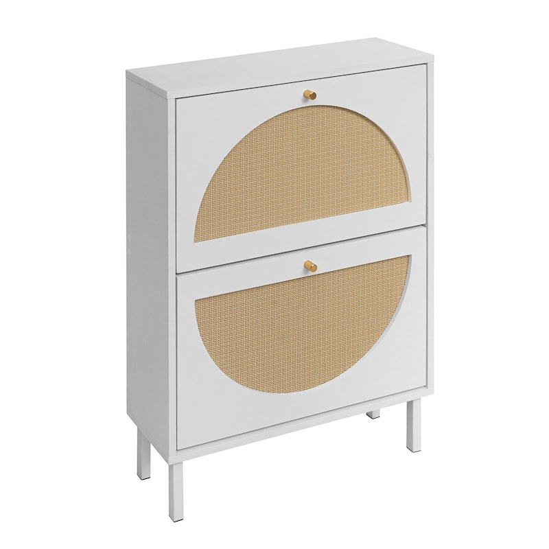 Roomfitters Rattan Shoe Cabinet, 2 Door Slim Shoe Storage Rack, Double Layer Entryway Organizer, White