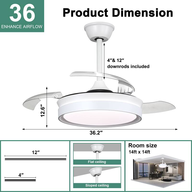 Cusp Barn 36 Inch Retractable Ceiling Fan with Lights, Modern 6 Speeds Silent DC Motor Fandelier Ceiling Fan for Bedroom