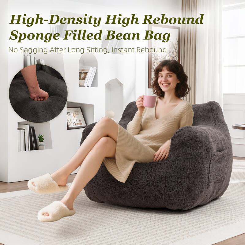 HOMEFUN Teddy Fabric Upholstered High-Density Foam Bean Bag Sofa Chair with Armrests