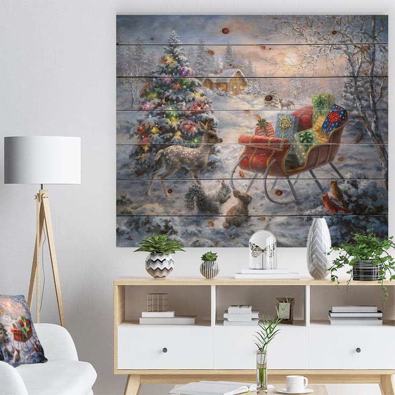 Designart 'Christmas Tree Magic Winter scene with Presents in Sleigh' Print on Natural Pine Wood - Red