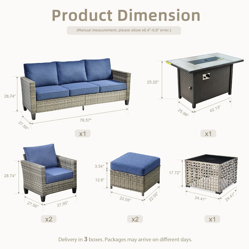OVIOS 7 Pieces Patio Furniture Set with Solar-Powered Table & Fire Pit