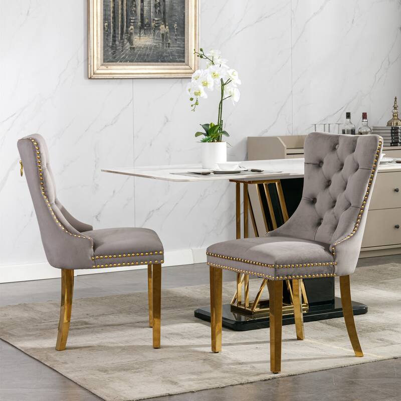 Tufted Solid Wood Velvet Upholstered Dining Chair with Golden Steel Legs