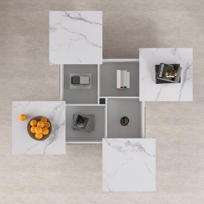 Modern Square Extendable Coffee Table with Sliding Top, Cocktail Table Center Table with 4 Hidden Storage Compartments for Home