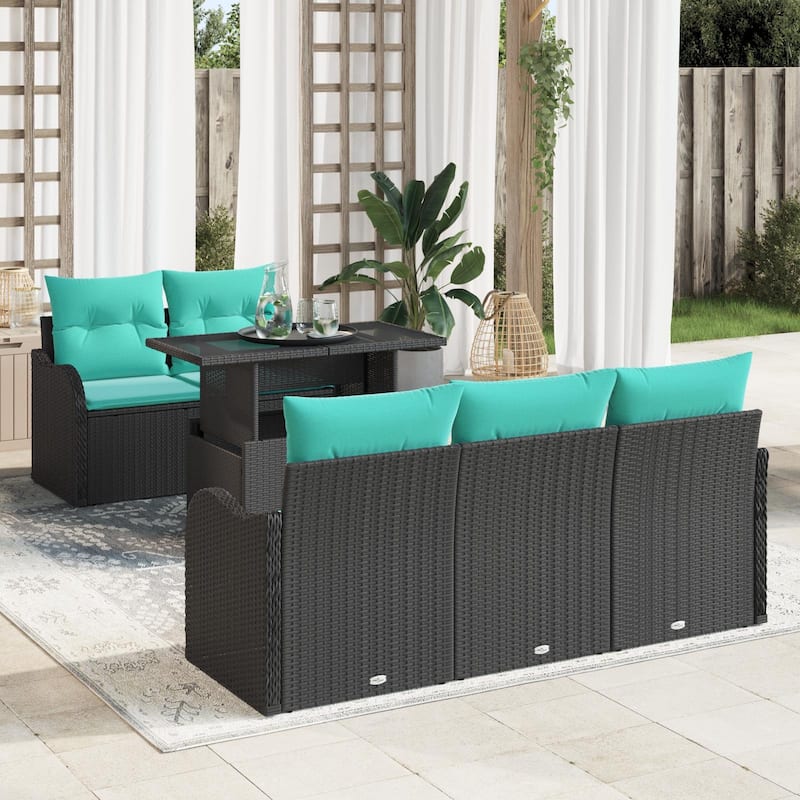 vidaXL 6 Piece Garden Sofa Set with Cushions Black Poly Rattan - 69.3×24.4×27.2