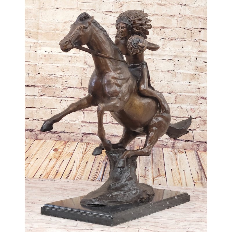 Frederic Remington Warrior Bronze Sculpture Statue Native American Headdress 20 Inches X 25 Inches