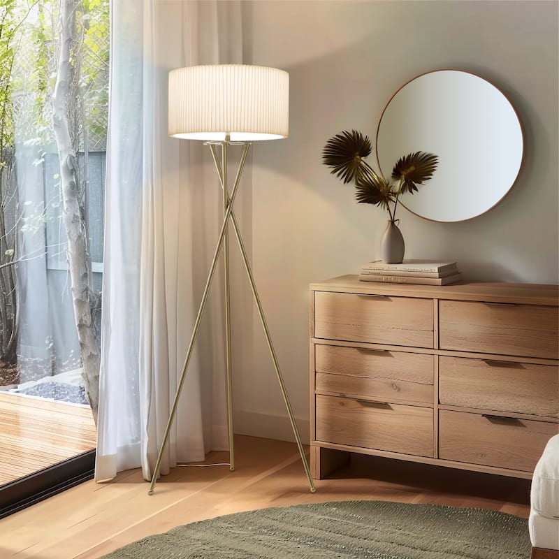 Brightech Jaxon 60 in. Antique Brass Tripod Super Bright LED Midcentury Modern Floor Lamp with White Fabric Drum Shade