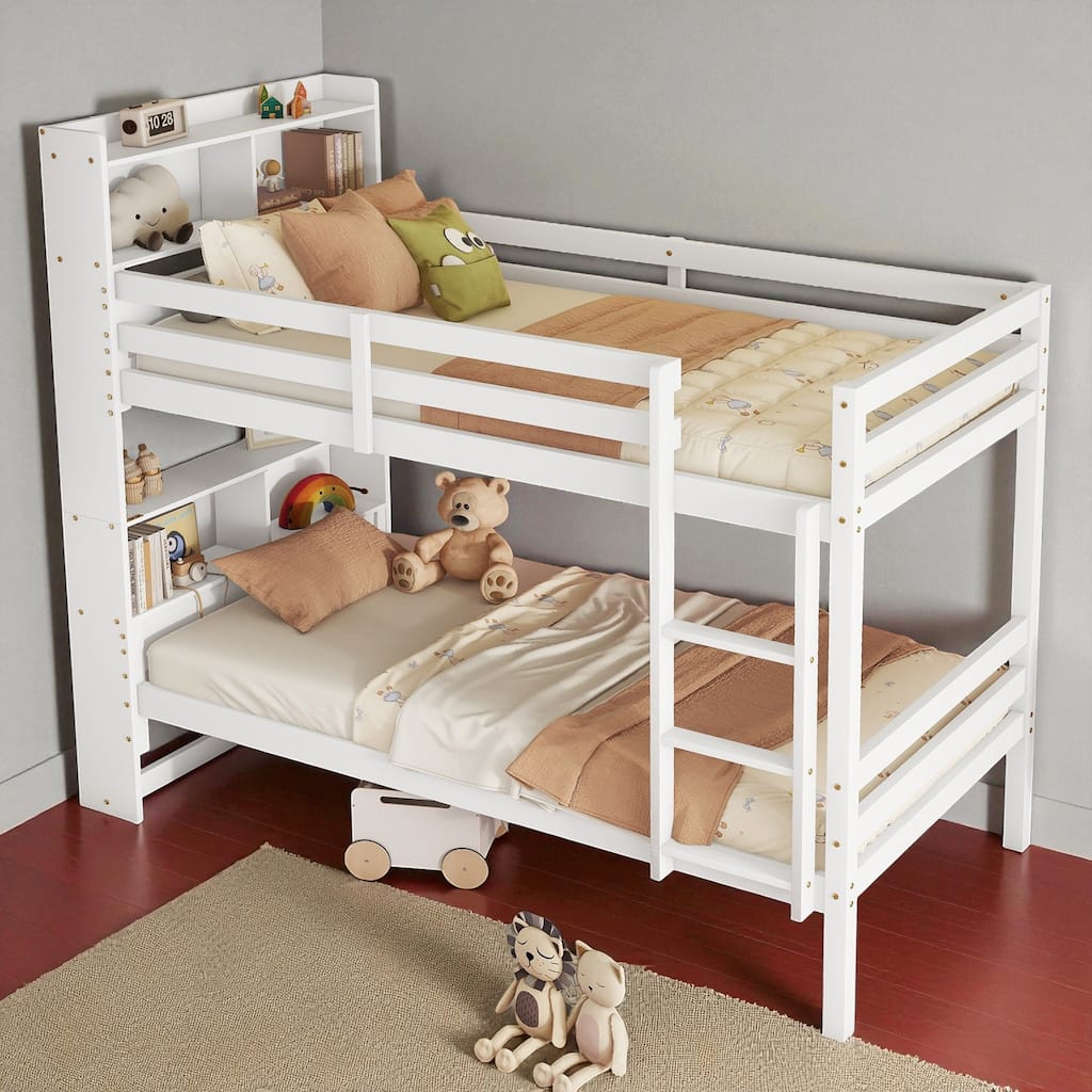 Twin Over Twin Bunk Bed with Shelves Headboard, Solid Rubber Wood Frame with Guardrails, Ladder, and Convertible Design