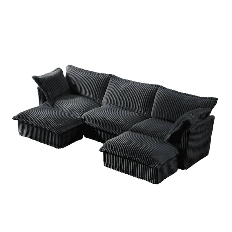 Slipcovered U-Shape 3-Seater Corduroy Sectional Deep Seat Sofa Couch
