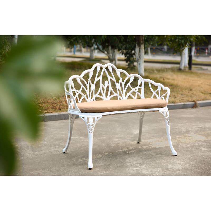 Tulip Patio Garden Bench Metal Park Bench Cast Aluminum Outdoor Furniture With Floral Rose For Patio With Cushion - White