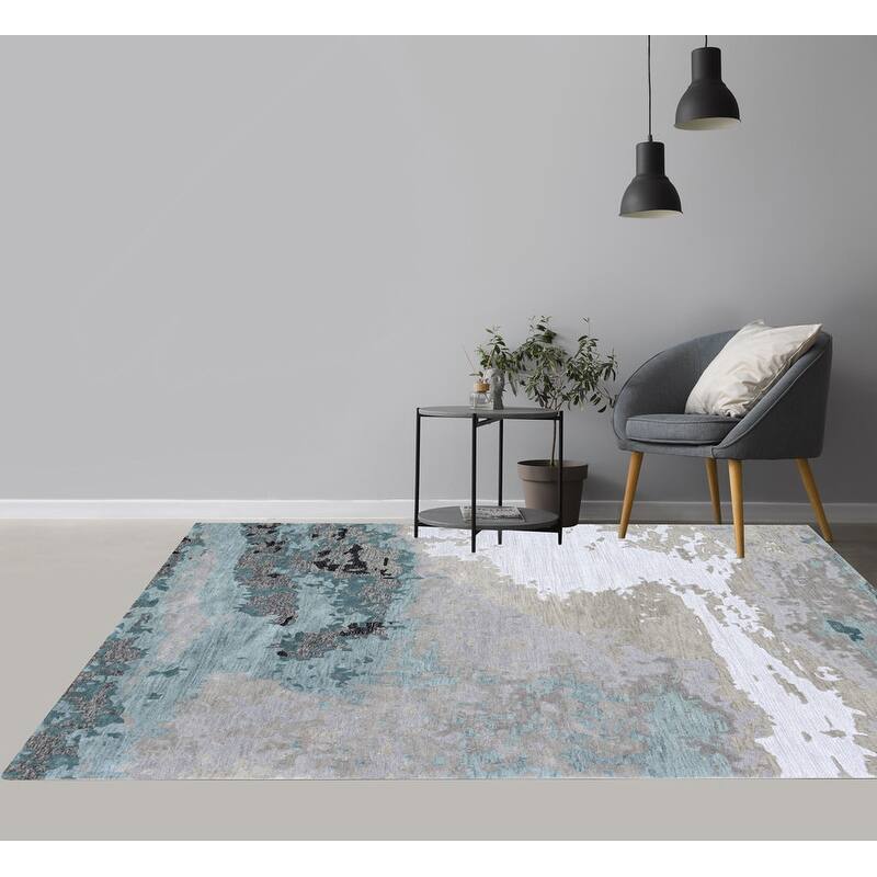 Handmade Emeralda Collection Blue/Tan/Ivory Wool and Viscose Area Rug