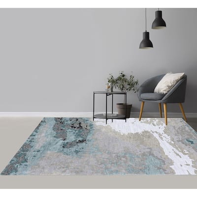 Handmade Emeralda Collection Blue/Tan/Ivory Wool and Viscose Area Rug