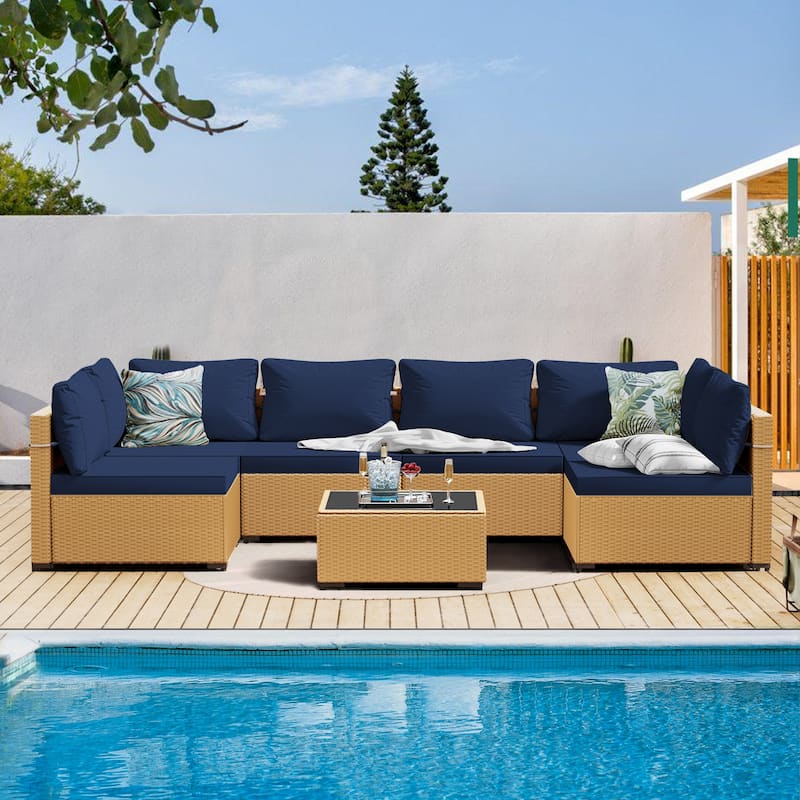 Patio Watcher 7-Piece Patio Yellow Wicker Sectional Seating Group with Cusions and Side Table - Navy Blue