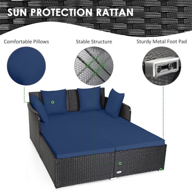 Outdoor Rattan Daybed with Cushions for Patio or Backyard - 61" x 52" x 27.5"