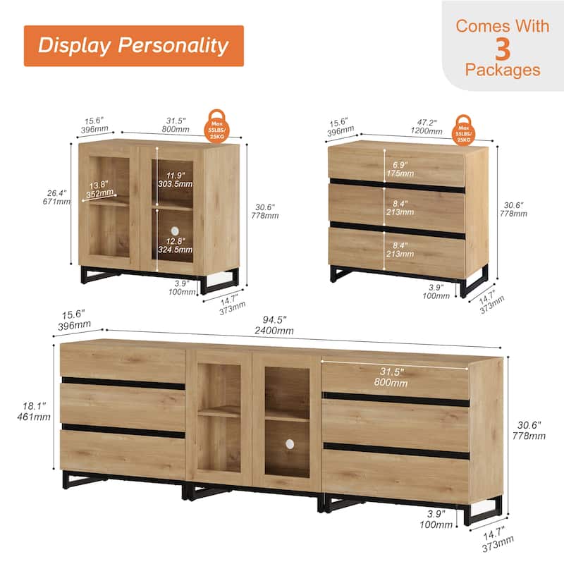 3 In 1 TV Stand for Tvs Up to 100 Inch, Modern TV Console with Glass Doors and 6 Drawers, Entertainment Center for Living Room