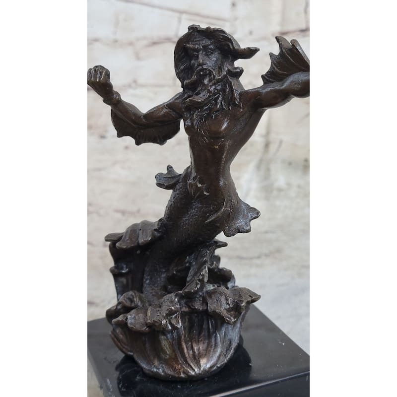 Signed Poseidon God Of Sea Bronze Bookend Book End Sculpture Marble Base Statue