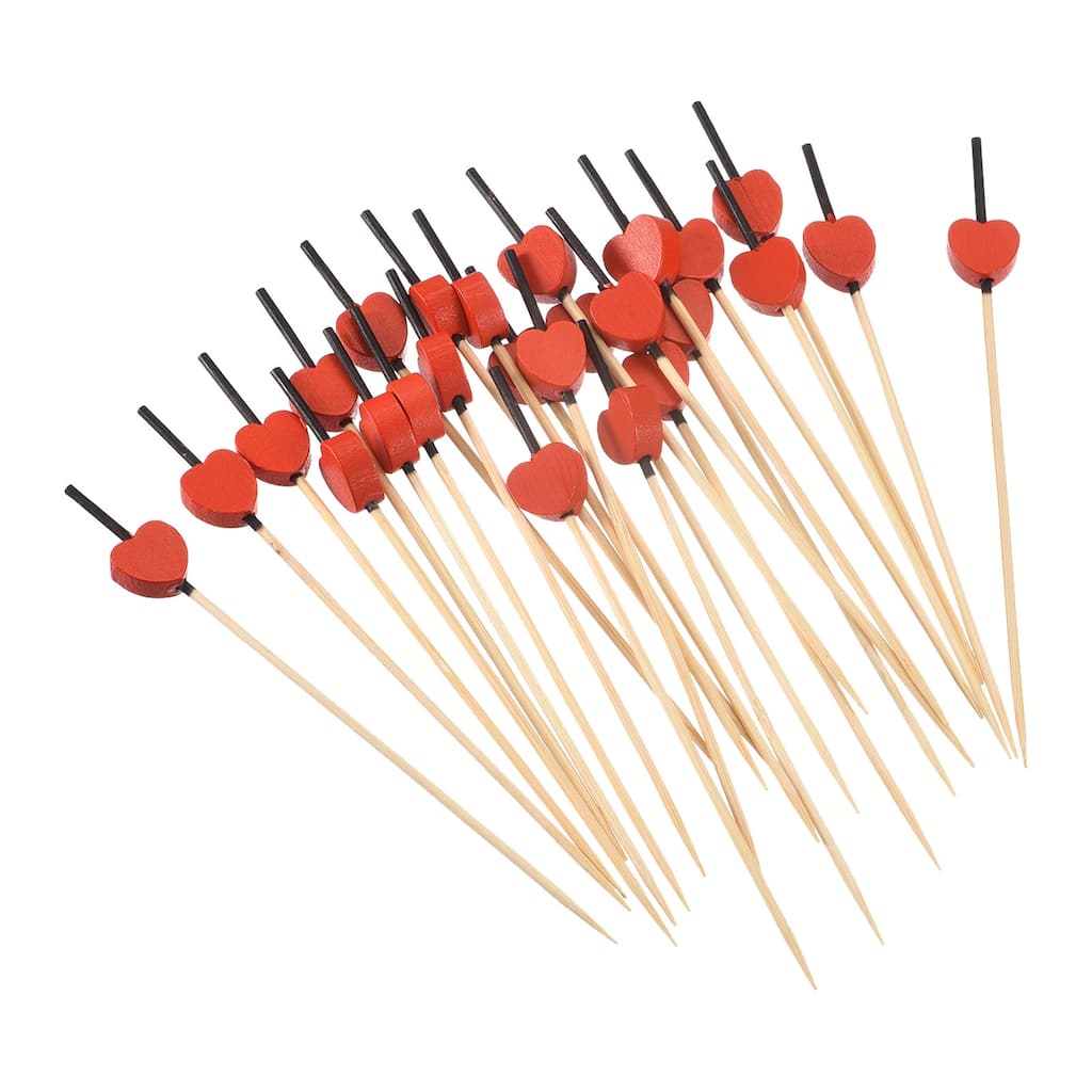 Bamboo Cocktail Toothpicks Heart Drink Picks Cocktail Skewers 100Pcs Black Red - 4.72"