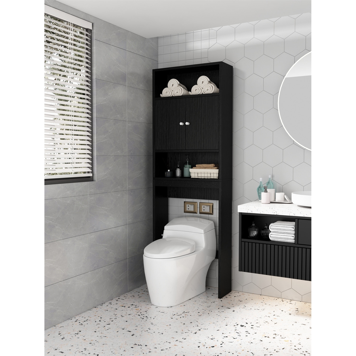 Black over the sales toilet storage cabinet