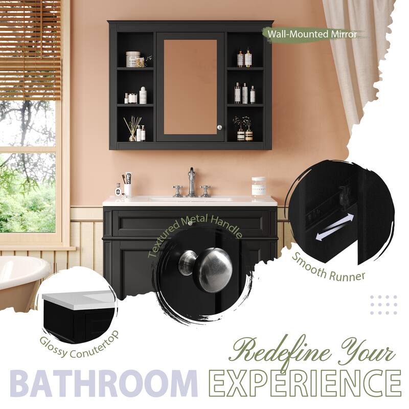 Freestanding Bathroom Vanity & Wall Mounted Mirror Cabinet Set with Resin Sink, Open Shelves, Drawers and Adjustable Shelves