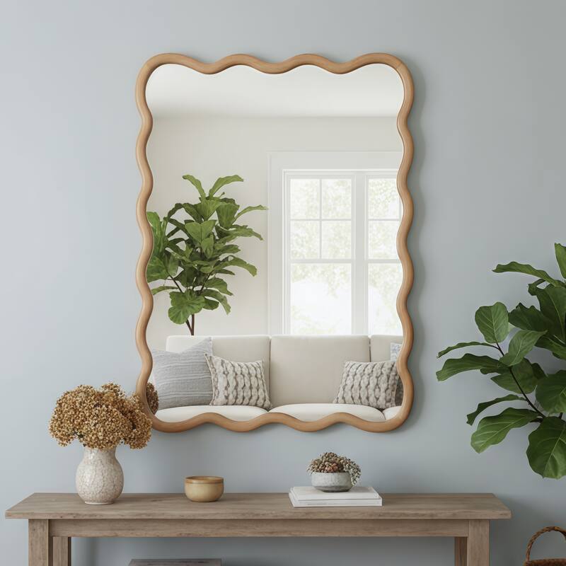 Natural Wood Wavy Rectangle Solid Wood Decorative Mirror - Bedroom, Bathroom, Living Room - Natural Wood