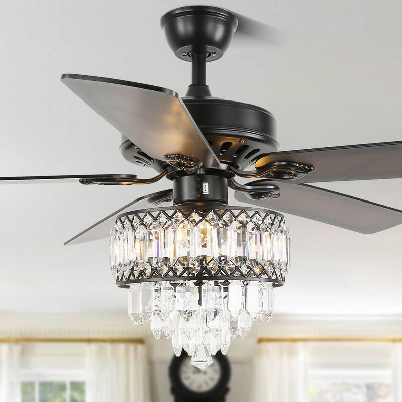 CurveCurio 52-inch Classic Ceiling Fan with Crystal Light Shade, 3 Light, Remote Control and Pull Chain Control for Living Room