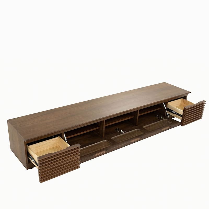 Minimalist TV Stand with Drawers，Solid Wood Media Console with Cabinets, Flip-down Door, Walnut Veneer, Fully-Assembled