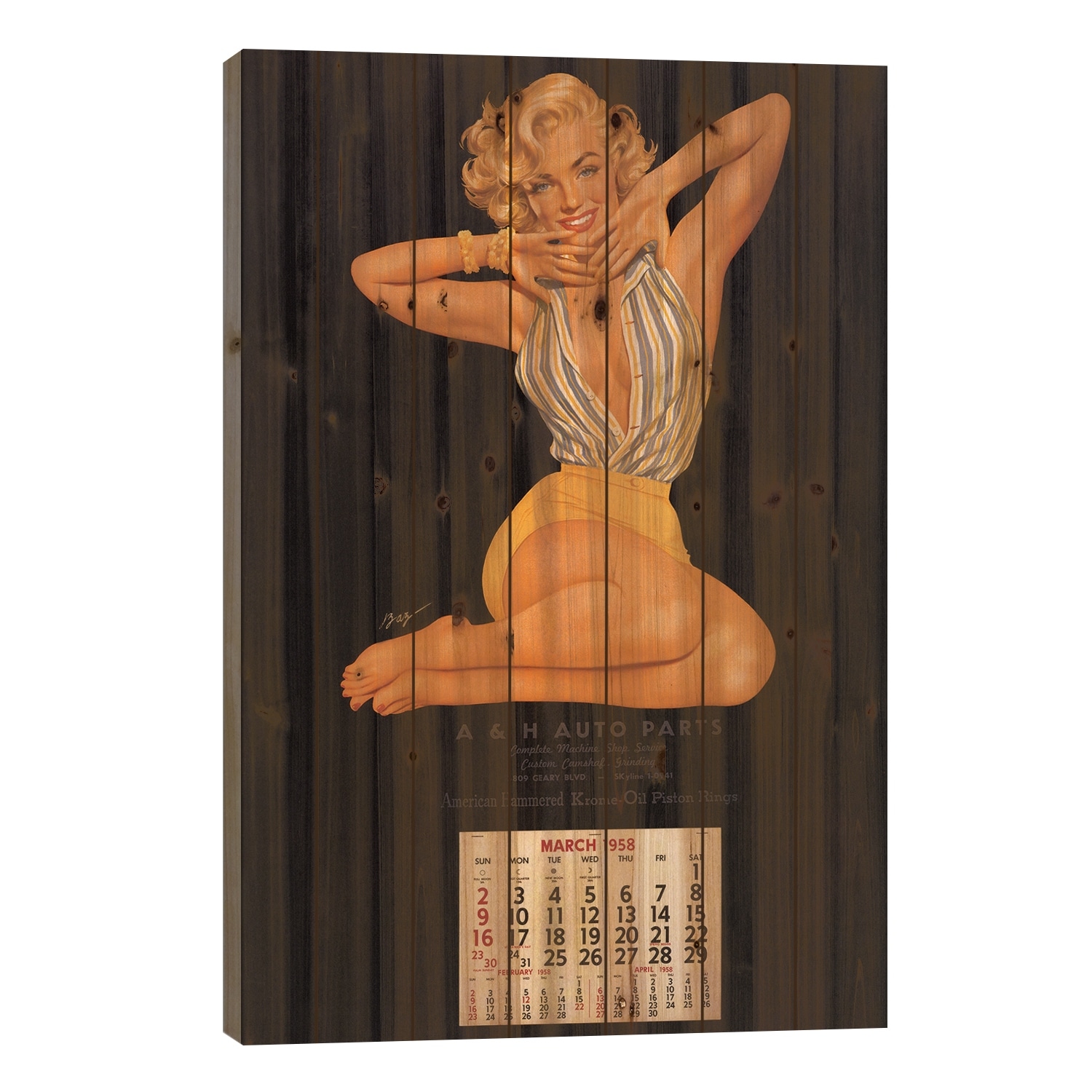 Vintage Marilyn Monroe Calendar Page (A & H Auto Parts, March, 1958) Print On Wood by Radio Days - Multi-Color