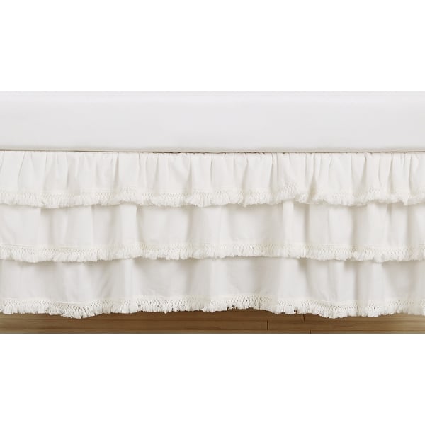 slide 2 of 2, Ivory Boho Bohemian Collection Girl 3 Tiered Ruffled Crib Bed Skirt Neutral Off White Farmhouse Minimalist Tassel Fringe Cotton