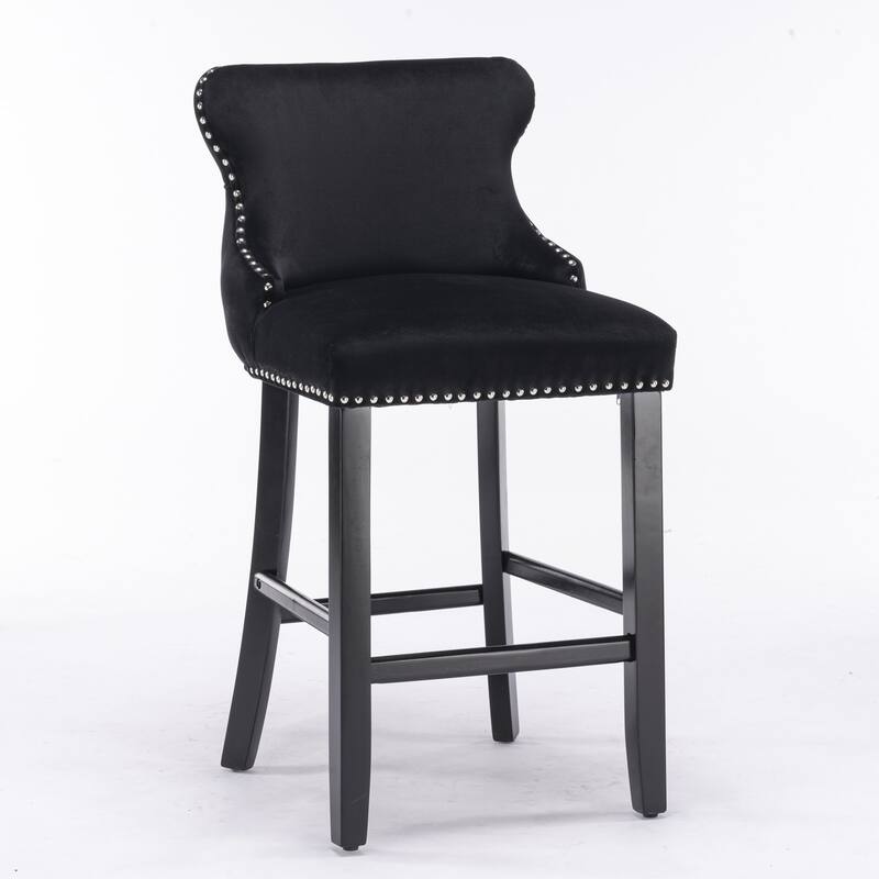 Furniture Black Velvet Wingback Bar Stools Set of 2, Button Tufted with Wood Legs & Chrome Nailhead Trim