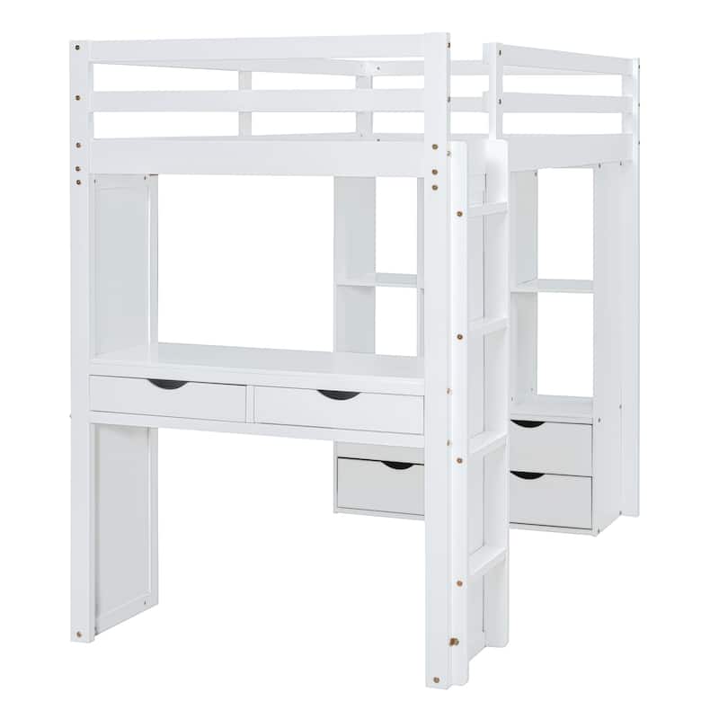 Twin Size Solid Wood Loft Bed with large shelves, writing desk and LED Light for Bedroom