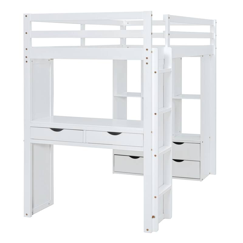 White Full Size Solid Wood Loft Bed with Shelves, Writing Desk, and LED Light