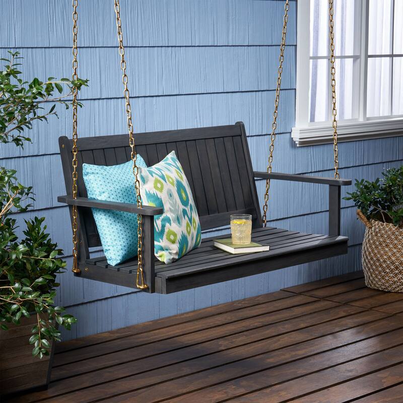 Tambora 48" Acacia Wood Porch Swing - Dark Grey, 800lb Capacity, Slat Design with 8ft Chains, Outdoor Hanging Chair