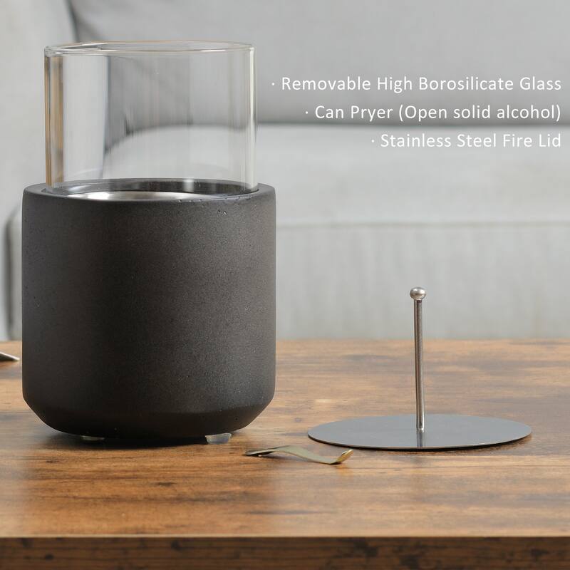 Tabletop Fireplace, Mini Concrete Ethanol Fire Bowl with Lid, Burns up with Liquid Alcohol and Solid Tablet Alcohol