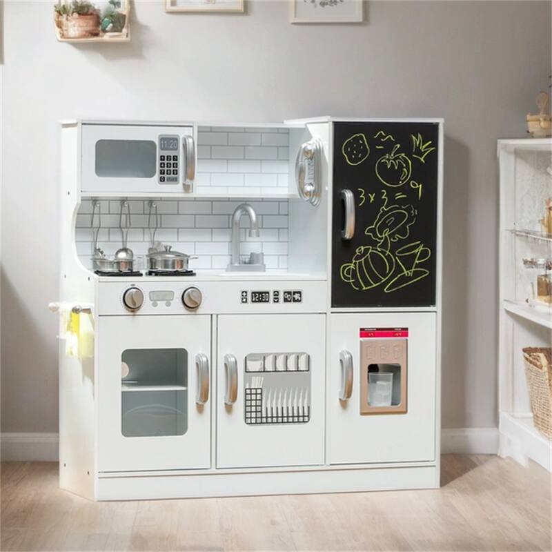 Kids Pretend Play Toy Kitchen with Play Phone, Chalkboard,Towel Rack