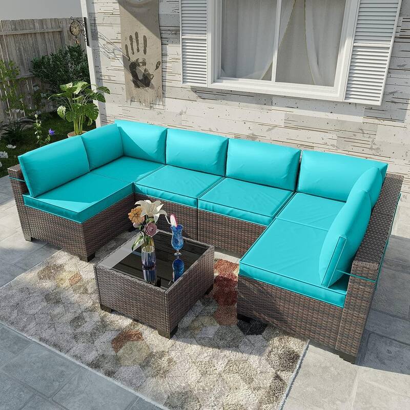 Kullavik 7 Pieces Outdoor Sectional Sofa Set Brown Wicker Patio Conversation Set with Seat Cushions and Tempered Glass Table