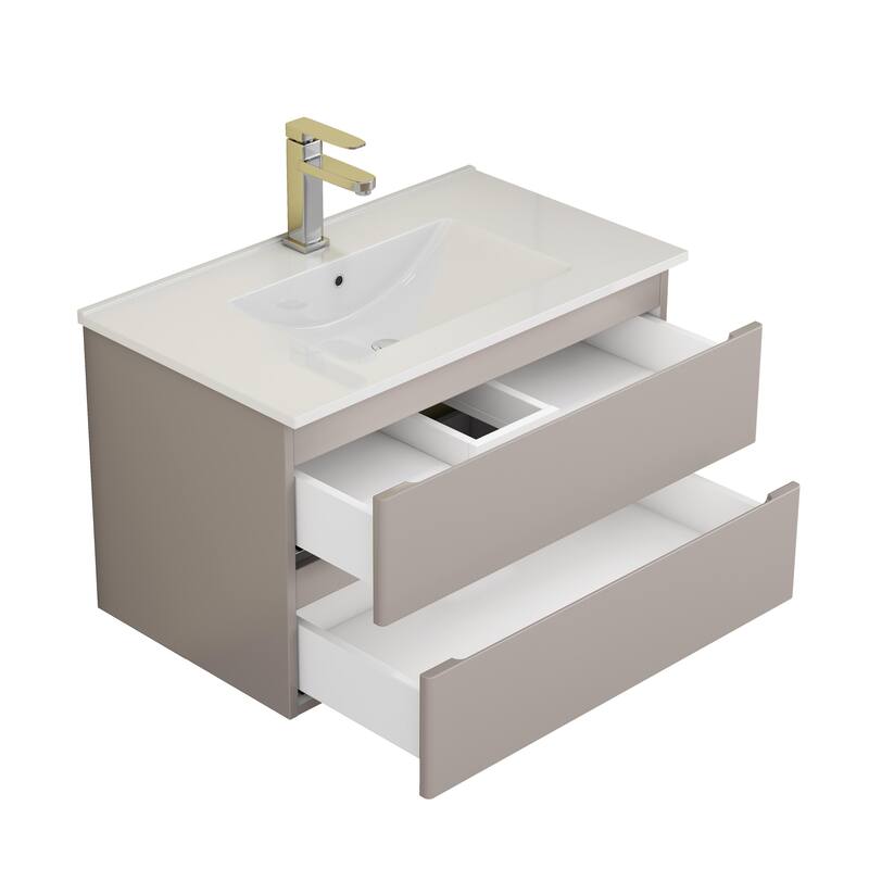 32 Inch Floating Bathroom Vanity with One-piece Ceramic Sink, Wall Mounted Cabinet with 2 Drawers