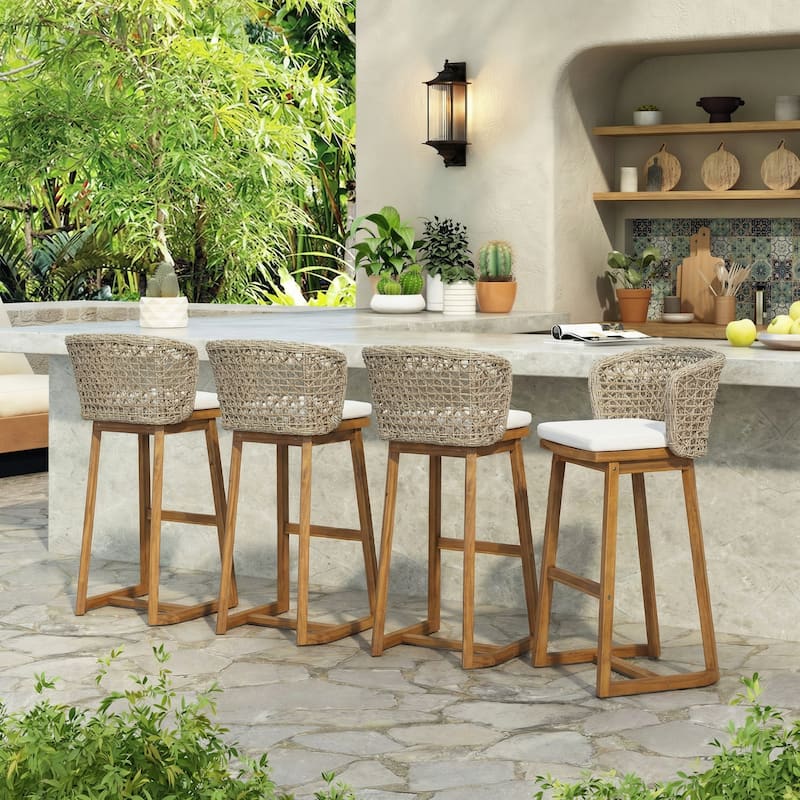Christopher Knight Home - Dome Set of 4 Outdoor Acacia Wood Bar Stools with Wicker Back and Cushions - Beige,Light Brown Multi,Teak