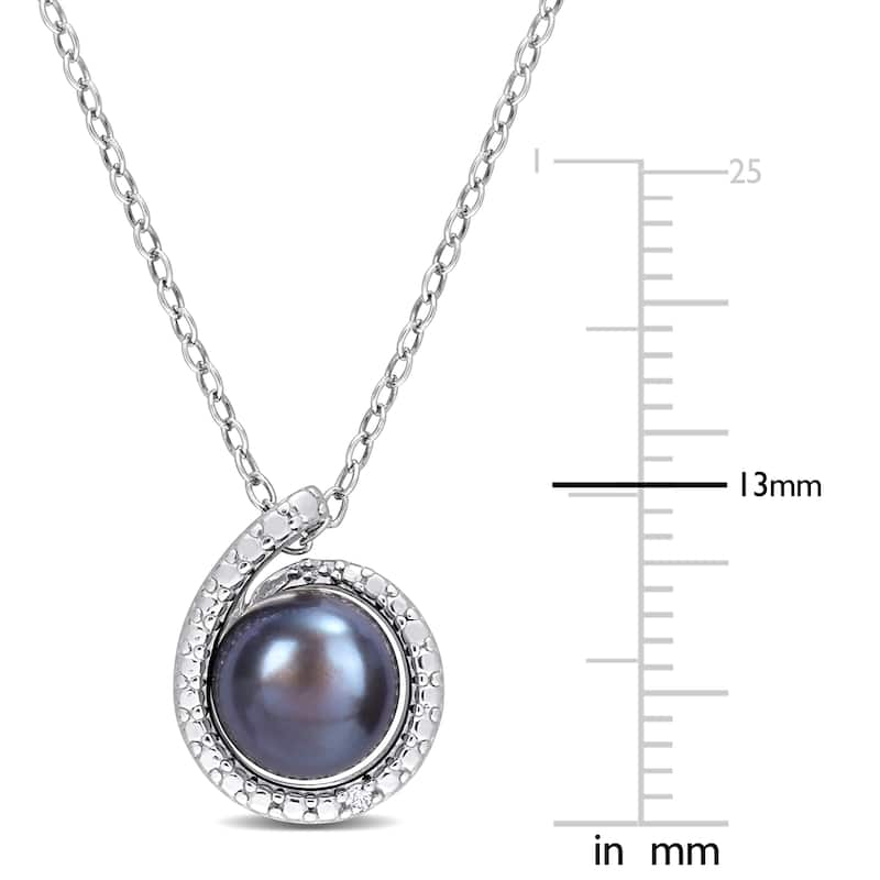 Miadora 8-8.5mm Black Cultured Freshwater Pearl and Diamond Accent Swirl Pendant with Chain in Sterling Silver - 13 mm x 11.5 mm