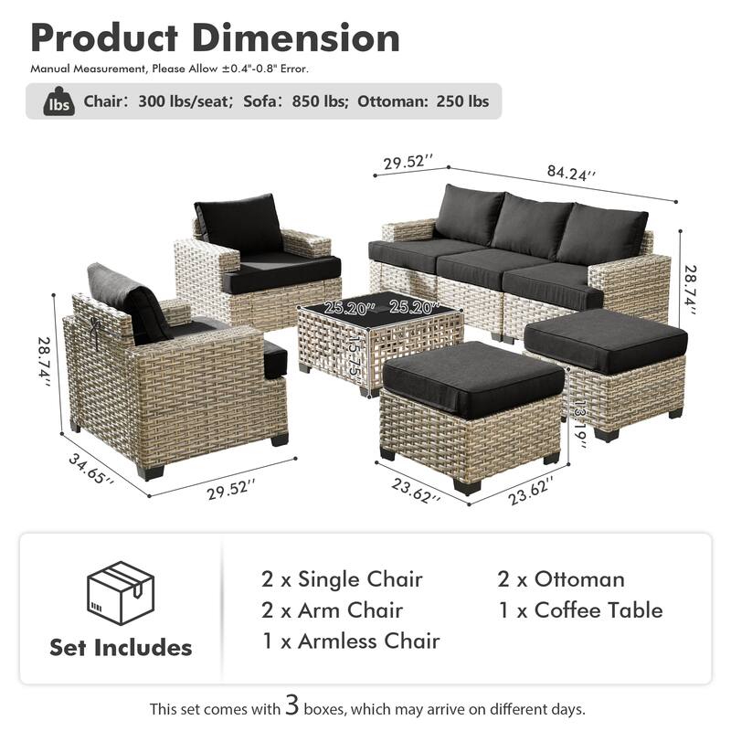 OVIOS 8 Pieces T shaped Seat Wide Armrest Set With Solar-Powered Coffee Table
