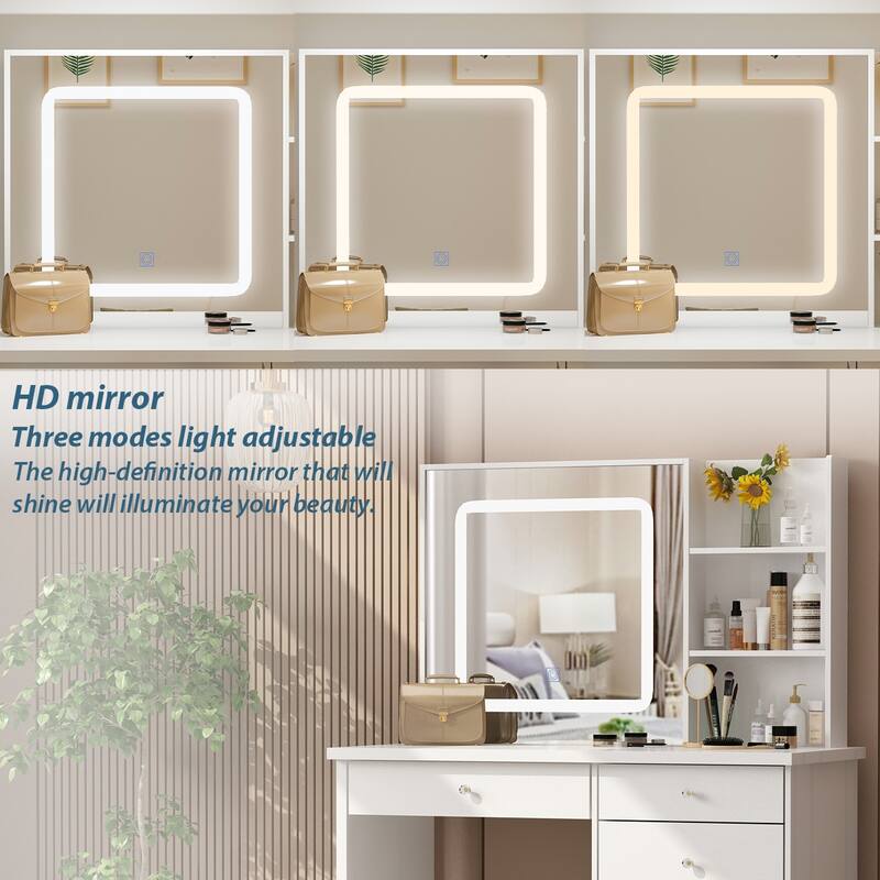 39.4"Wide Makeup Vanity Set with Stool and 3 Color Touching Mirror - 39.4"W