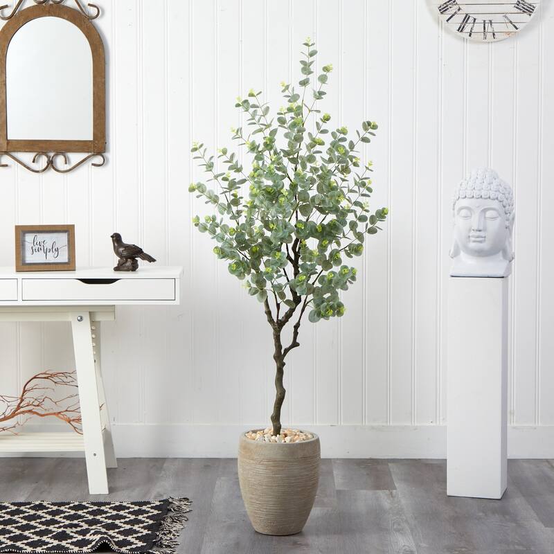 Eucalyptus Artificial Tree 5ft Indoor, Sandstone Planter, Realistic Faux Tree, Home Decor, Living Room Plant